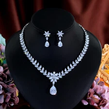 Flower Drop Necklace Earrings Set for Women Costume Silver Plated CZ Jewelry