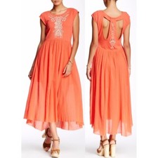 Free People Toosaloosa Slub Meadow Dress Midi Embroidered Cut Out Coral S