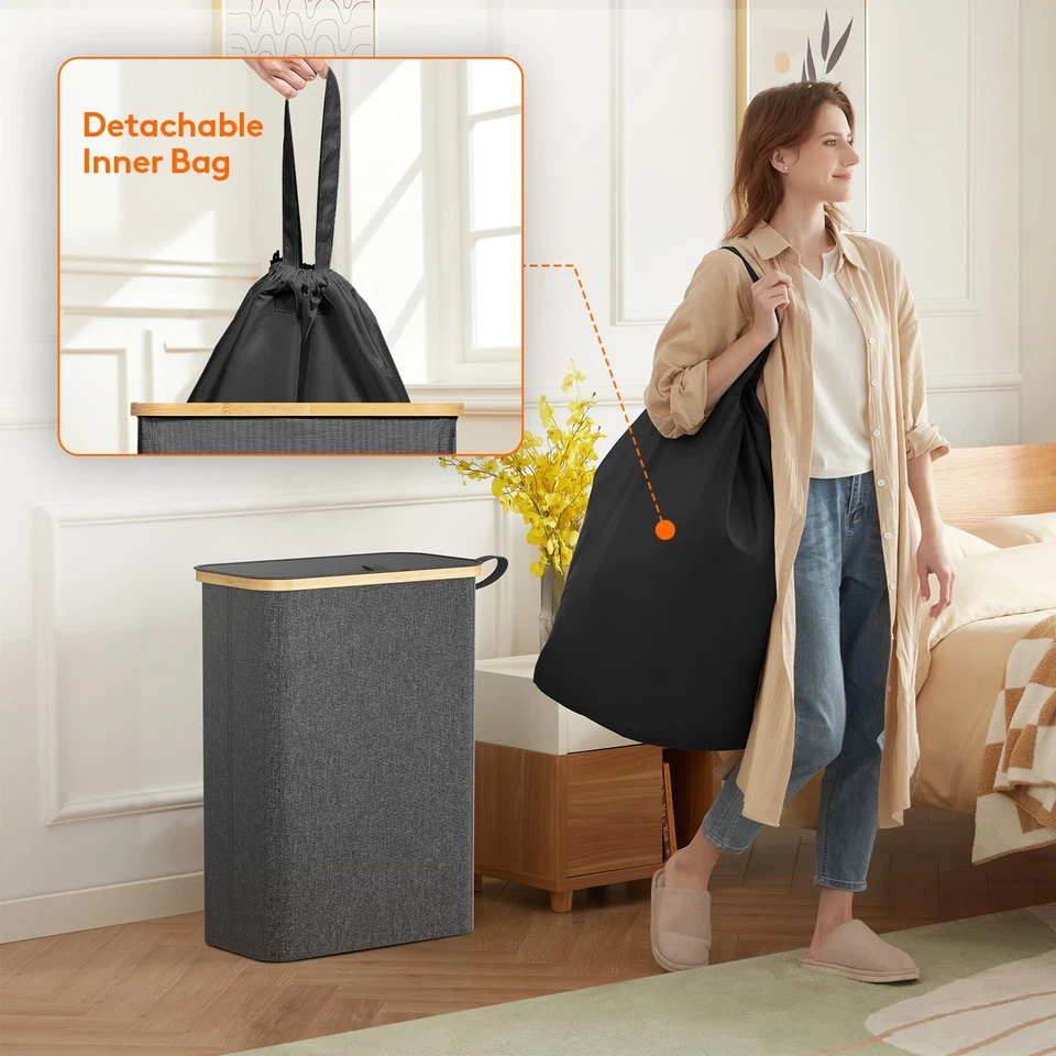 Lifewit Cesta de Lavandería Delgada con Tapa, Cesta de Lavandería Estrecha con Asas de Bambú Foto 4 de 4