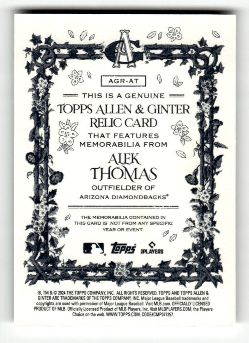 2024 Topps Allen and Ginter Relics #AGR-AT Alek Thomas Used Bat