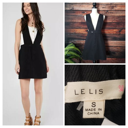 Le Lis Buckle Overall Skirt Dress Small Black Denim Elastic Waist Pockets NWT