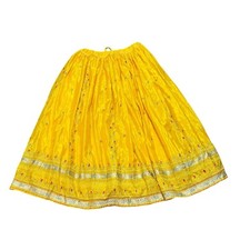 Vtg Long Flared Lehenga Skirt Size L/XL Yellow Embroidered Low Rise Adjustable