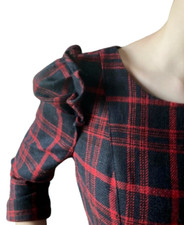 Red Black Plaid Puff Sleeve Dress Wool Blend Knee Length Pockets Ruffle S Lined