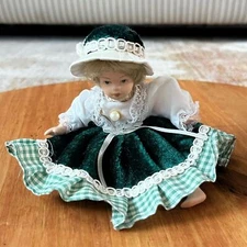 Vintage All Porcelain Doll Green Country Dress & Hat 5" (Irish?) Handcrafted