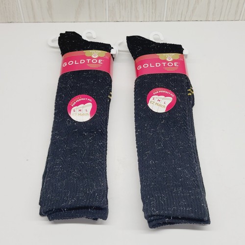 Gold Toe Girls Knee High Socks 4 Pairs Black w/ Silver Glimmer EZ Match Medium - Picture 2 of 4