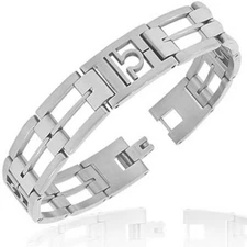 Stainless Steel Silver-Tone Link Chain Zodiac Sign Libra Mens Bracelet