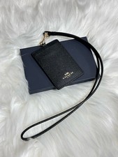 COACH 57311 Black Pebbled Leather Lanyard ID Badge Holder Card Case Gold Logo Ne