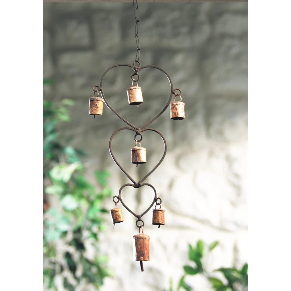 Triple Heart Wind Chime 56cm – Recycled Iron Hanging Bells