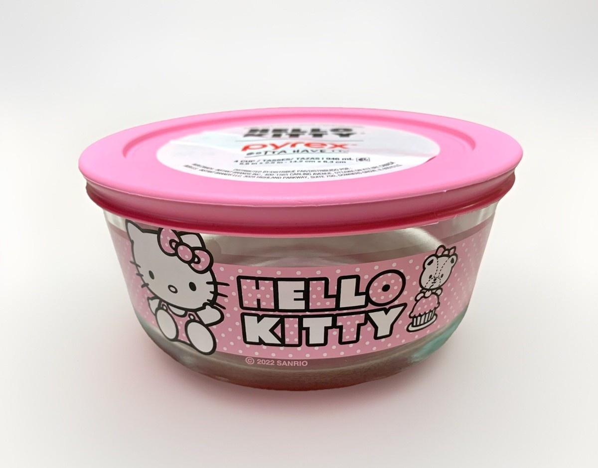 NEW Hello Kitty Pink Accented Clear Pyrex Glass Bowl w/Lid 6in