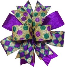 Mardi Gras Wreath Bow 11 x 11 Inches Large Fat Tuesday Glitter Colorful