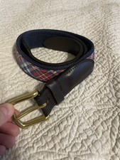 Vineyard Vines Boys Plaid Canvas And Leather Belt Solid Brass Buckle 35 In Long