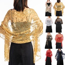 Red Elegant Sheer Tulle Lace Scarf with Long Sparkly Sequin Embroidery