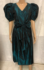 vtg MONSOON Taffeta Fit & Flare Midi Dress Sz 10 Puff Sleeve Belt Party Holiday
