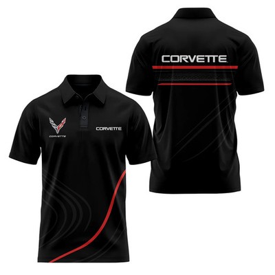 NEW Custom Name Corvette C8 Racing Black Red Logo 3D Polo Shirt Men's S-5XL