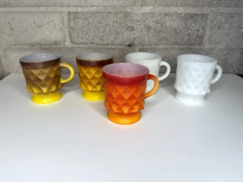 Vintage Fire-King Diamond Footed Mugs – Set of 5 Fade & White Milk Glass