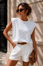 Women's Casual Relaxed Fit Stretchable Polka Dots Sleeveless Shoulder Pad Top