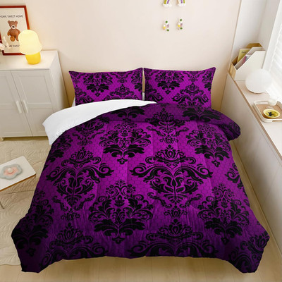 Violet Gothic Floral Print Comforter Set Queen Size,Vintage Damask Floral Beddin
