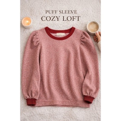 LOFT Puff Sleeve Sweatshirt Pink Heather Cozy Top Medium 
