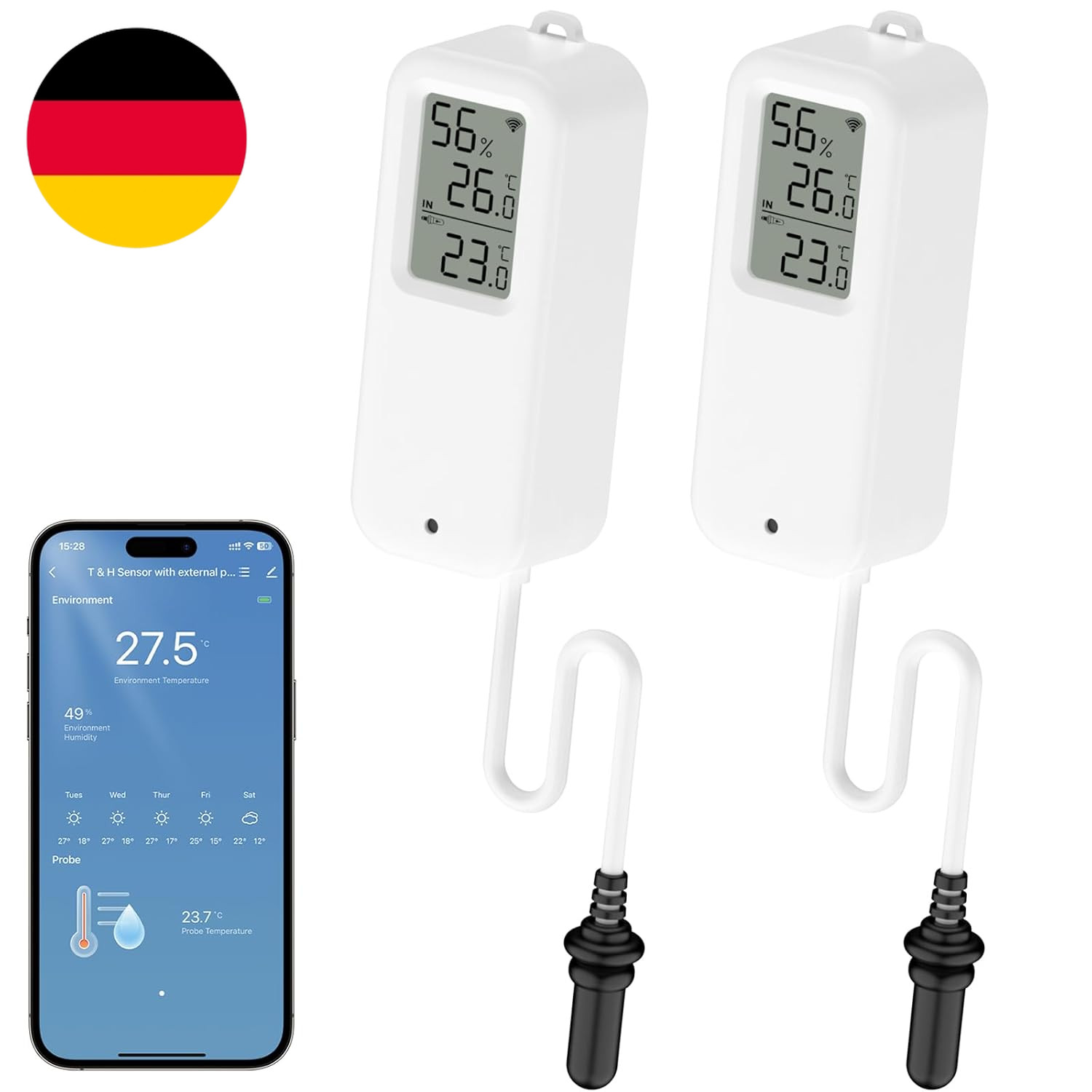 2 Pack WLAN Thermometer, Wifi Hygrometer Mit Externem Sensor, Innen Außen Für Ge