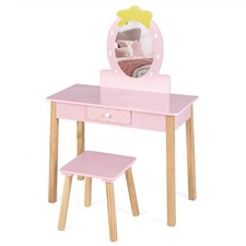 2 in 1 Kids Vanity Set Makeup Dressing Table and Chair Strawberry-shaped Mirror