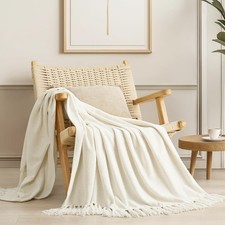 Soft Chenille Throw Blanket Plush Knit with Tassels Ivory White Couch 60"x80"