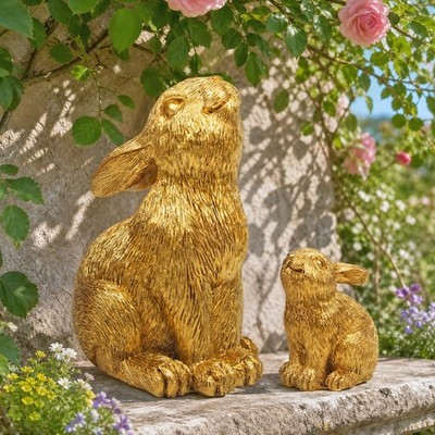 Easter Bunny Figurines Set of 2  Gold Rabbit Statues for Spring Decor