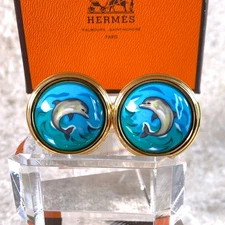 Vintage Hermes Paris Enamel Gold Finished Round Earrings Dolphins with Case