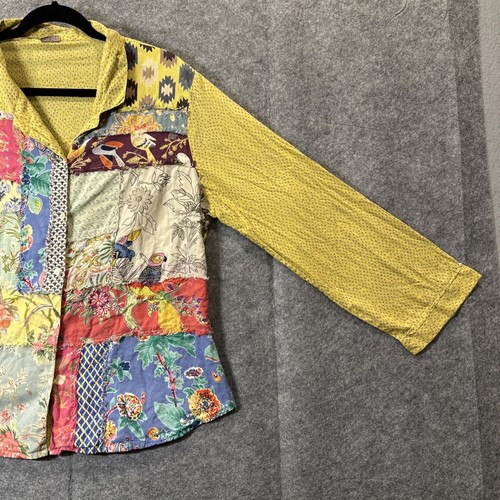 Patchwork Womens Button Down Shirt L Floral Patchwork Long Sleeve Boho Cottage - 第 13/24 張圖片
