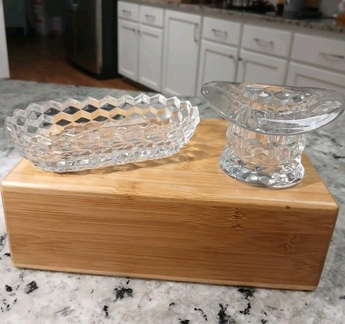 Vntg Fostoria American Clear Cubist Glass Pickle Dish & Top Hat Toothpick Holder