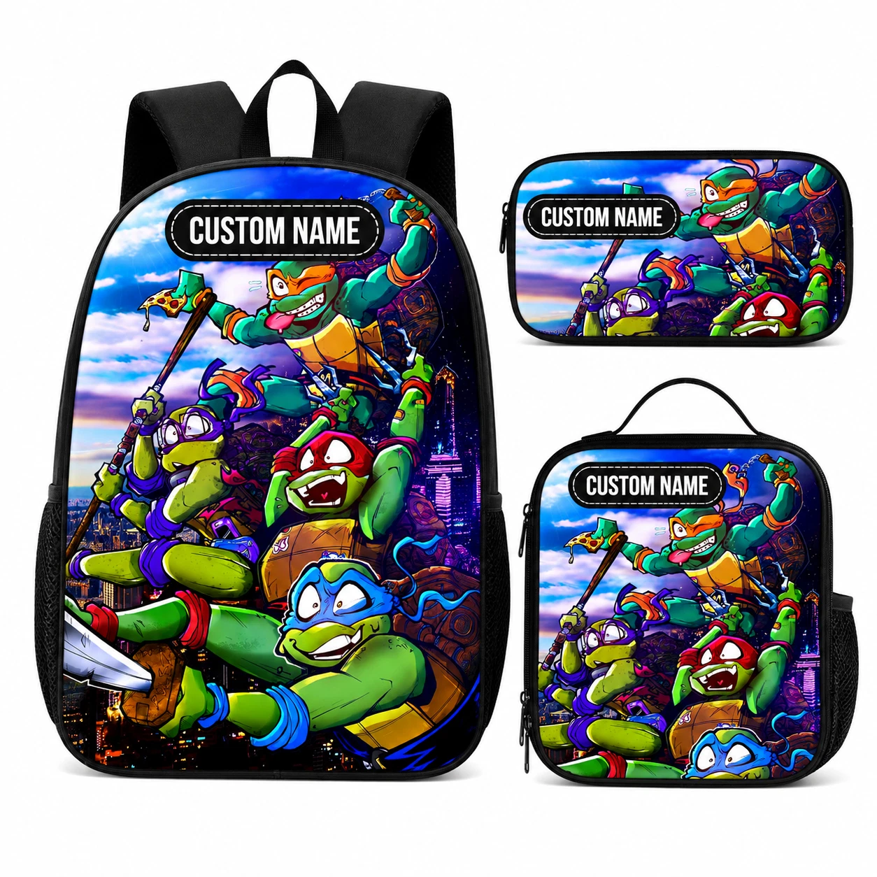 Personalized Mutant Ninja Reptile Backpack, Lunch Bag and Pencil Case Set, Custom Name