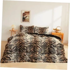 Tiger Print Fluffy Faux Fur Duvet Cover Set, 3 Pieces King Tiger Print Brown