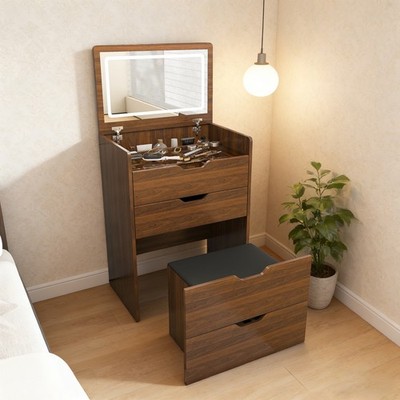 3-in-1 Vanity Desk with Lighted Mirror & Stool Flip Top Makeup Dressing Table