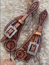 Ladies Tooled Top Grain Leather Western Pair Spur Straps Blue Stitching