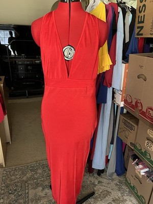 Lufeng Womens Red Razor Back Bodycon Deep Plundge Neck Midi Dress. NWT. M