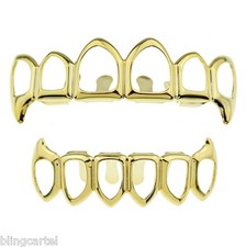 14k Gold Plated Six Open Face Fang Grillz Top Bottom Hip Hop Vampire Fangs Set