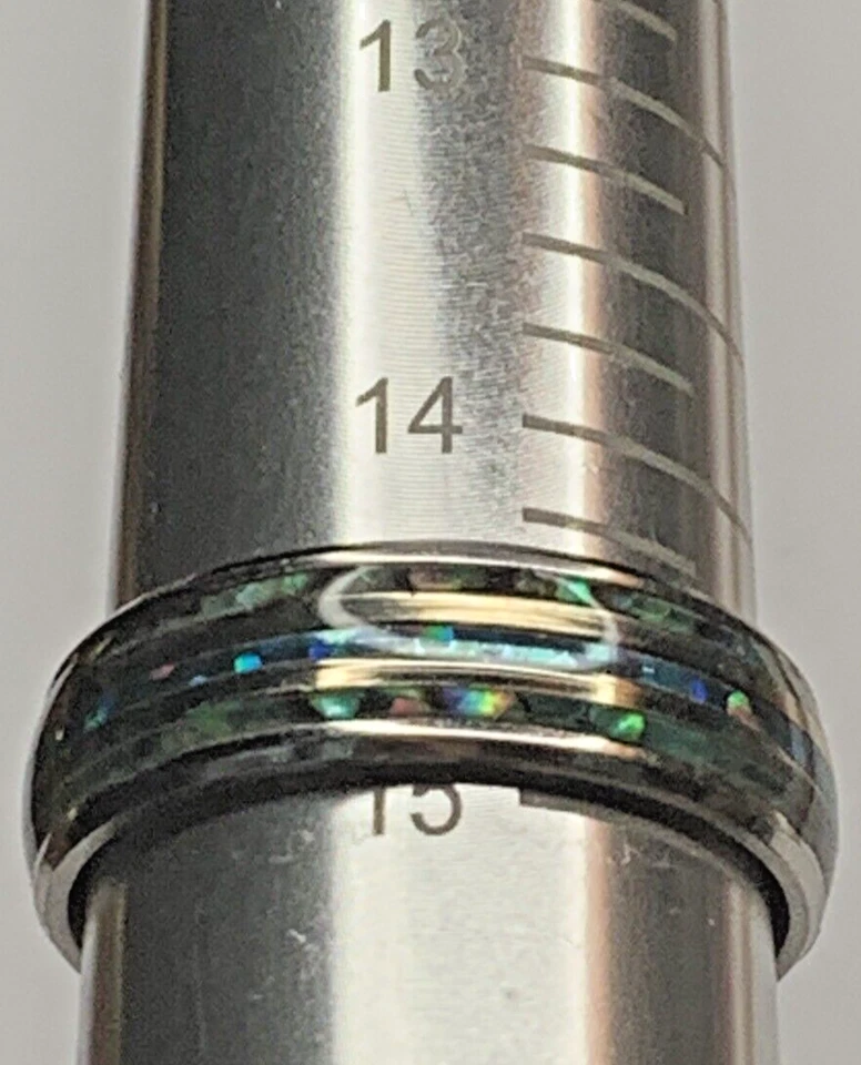 Мужское обручальное кольцо из вольфрама абалона с австралийским голубым огненным опалом инкрустация 14,75 - Изображение 2 из 4