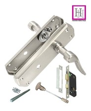 Bathroom Door Handles Stellar Satin Finish On Shaped Backplate with Bath Lock