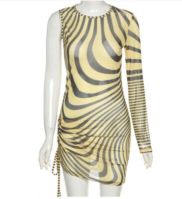 Women One Shoulder Zebra Print Mesh Sheer Sexy Party Club Beachwear Mini  Dress T | eBay