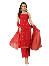 Women's Red Crepe Kurta and Palazzo Set with Matching Dupatta