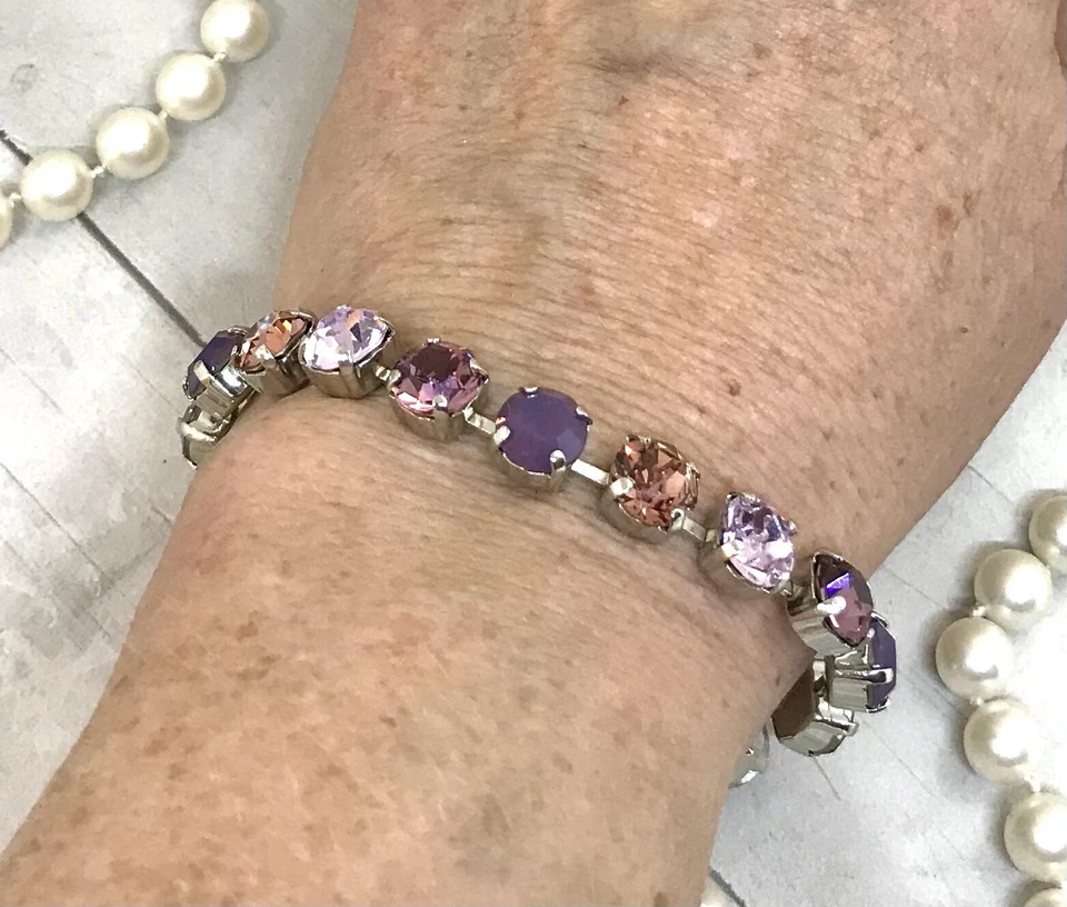 Brazalete Tenis Cadena Copa Ópalo Rosa Púrpura Rubor Chapado en Plata Brillante Foto 3 de 4