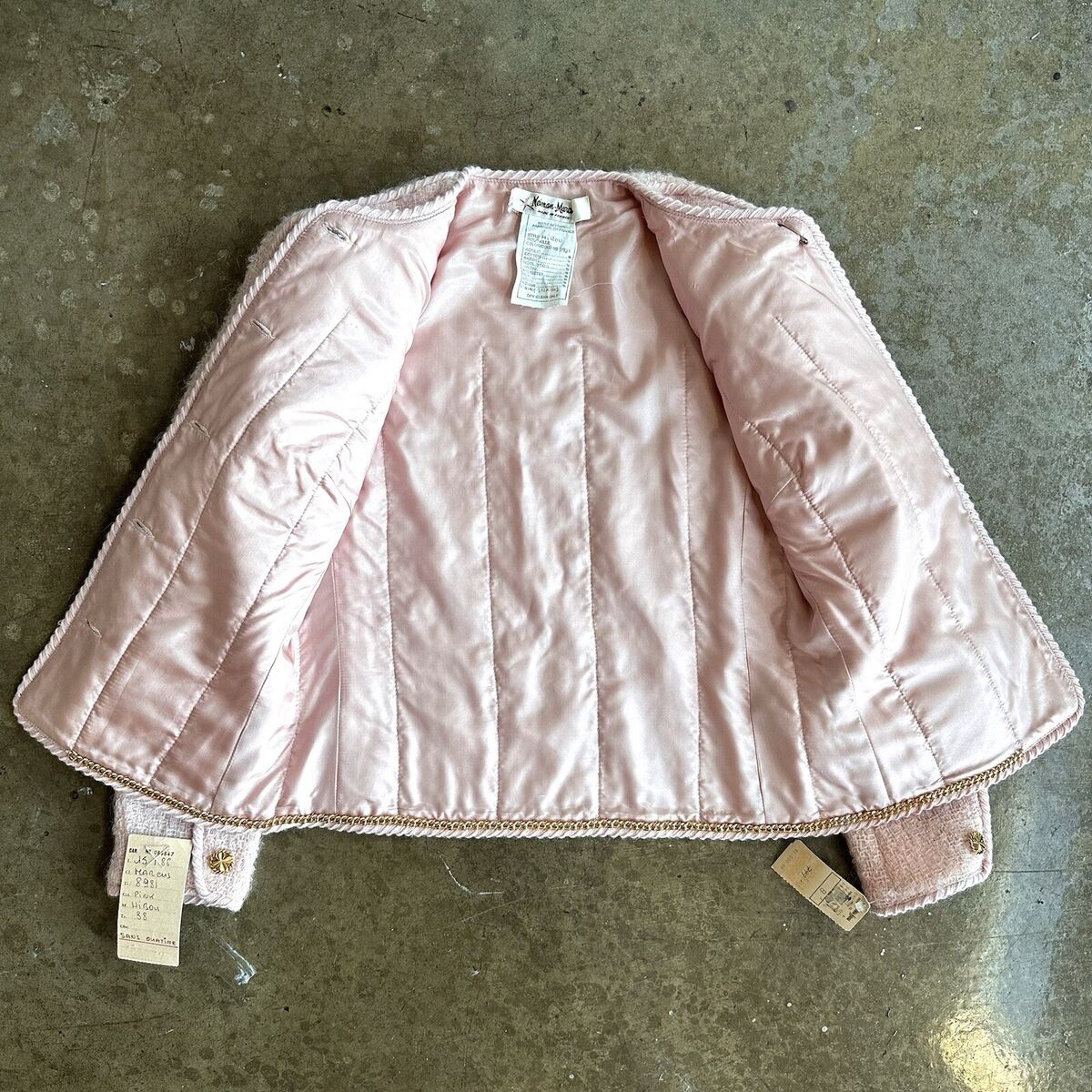 Vintage 80's Chanel Pink / Gold Tweed Woven Jacket Skirt Vintage 80's Chanel Pink / Gold Tweed Woven Jacket Skirt