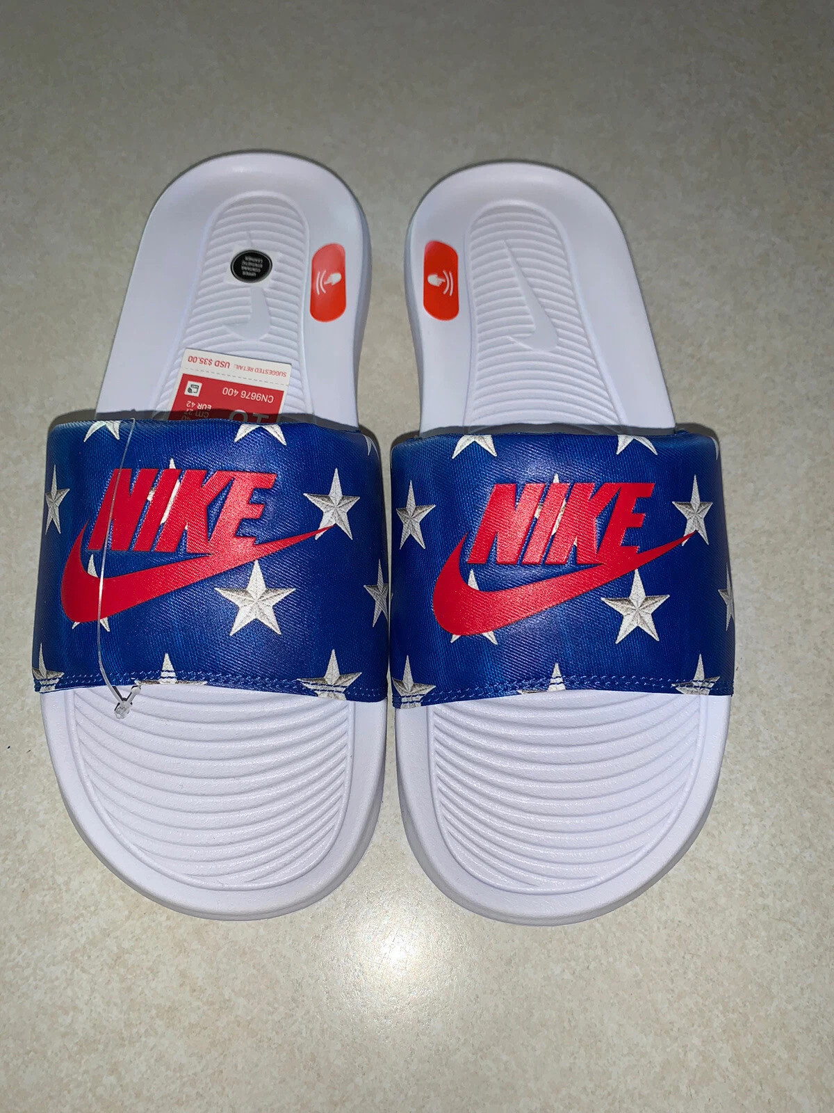 Sandali Nike Slides Victori One donna taglia 10 USA rosso bianco blu patriottico nuovi con etichette