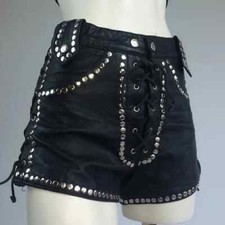 70s Vintage Biker Leather Shorts Women  s High Waisted Lace Up Studded Black Hot