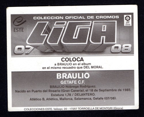 BRAULIO NOBREGA COLOCA GETAFE CF 2007-08 CROMO PANINI LA LIGA ESTE 07/08 - Picture 2 of 2