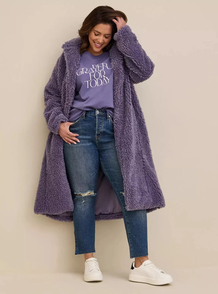 Torrid 0 Maxi Coat Womens Size 12 Purple Soft Sherpa Open Front Lined NWT