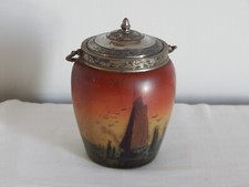 ANCIEN SEAU Pot Bocal à BISCUITS en VERRE émaillé et Métal à Décor Bateaux Signé