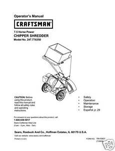 Craftsman Chipper Shredder Manual Model # 247.776350 | eBay