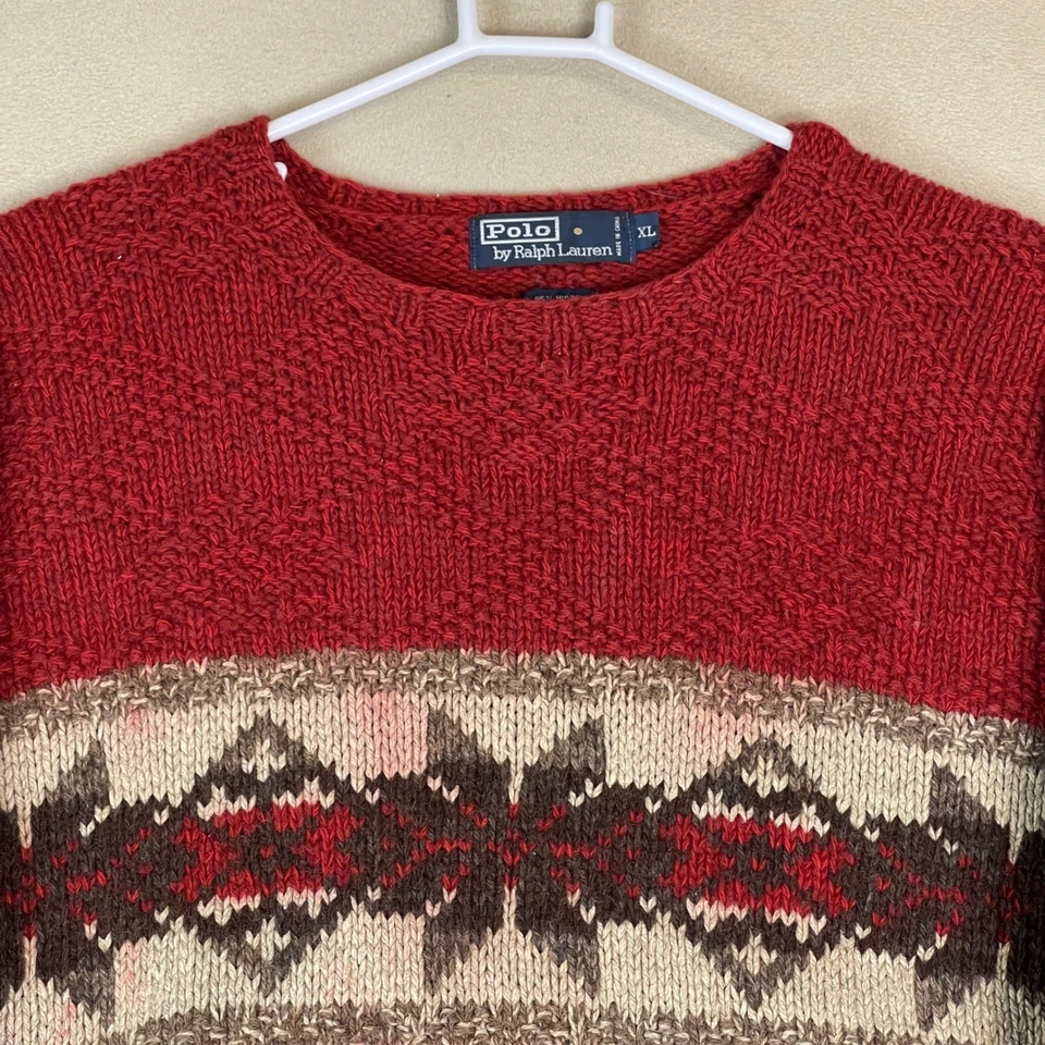 Polo Ralph Lauren Mens XL Red Geometric Fair Isle Knit Wool Bland Knit Sweater - Image 2 of 4