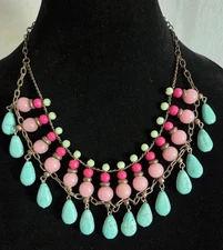 Vintage ZAD ALL GLASS BEADED Necklace Antiqued Gold Tone Excellent STATEMENT 