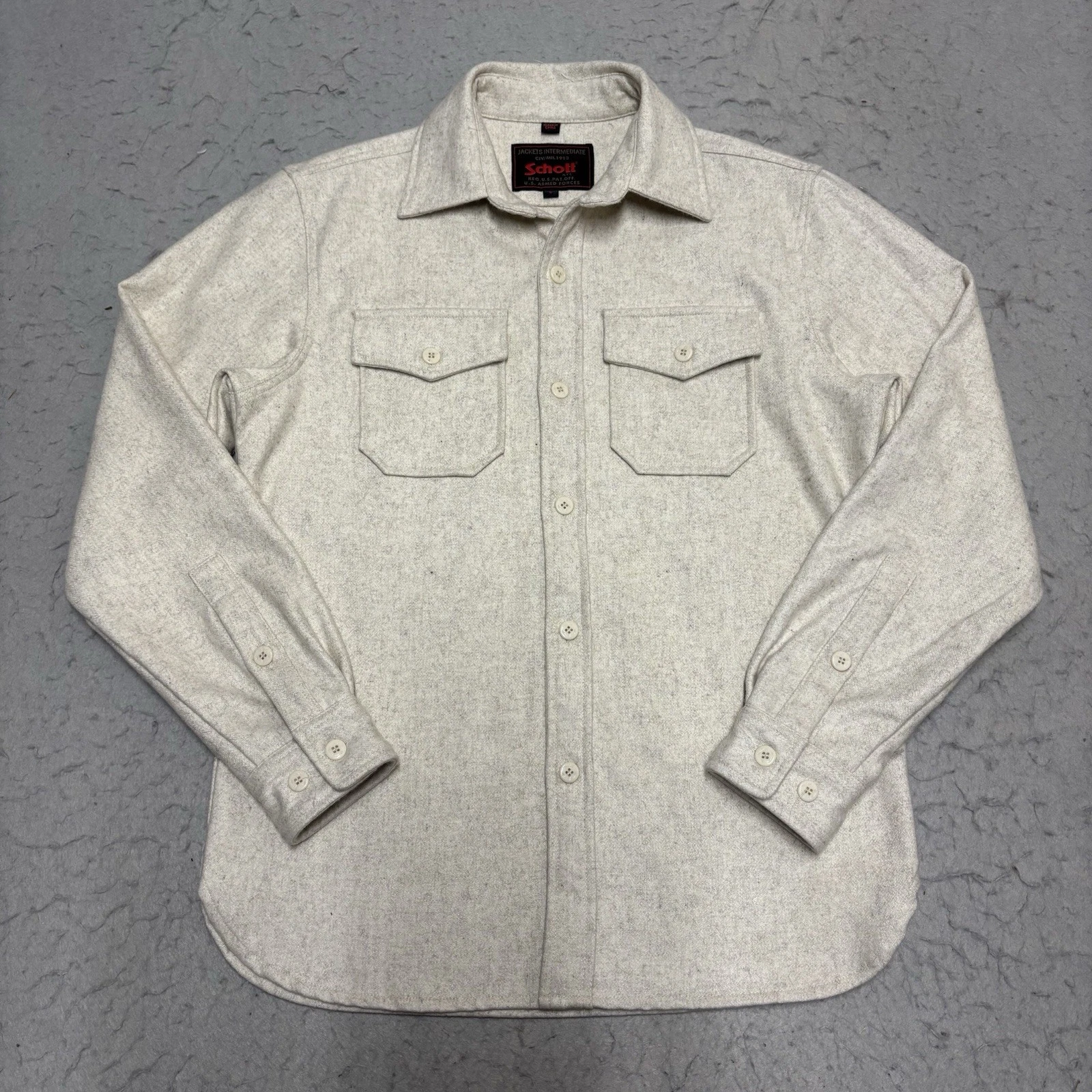 Schott NY CPO Wool Flannel Shirt Mens S Oatmeal White Outdoor LS Pockets NWOT